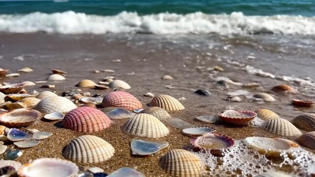 Seashell sand beach ocean wave summer nature shell water coastline create peaceful scene with colorful seashells wet sand, gentle ocean waves, tranquil summer coastline relaxation, tropical water
