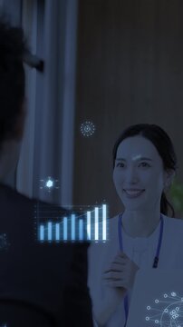 AIデータ分析を活用した営業や商談女性ビジネス対話マーケティングシーンの縦動画　マーケティングやインターネットなどのイメージのモーショングラフィック付き