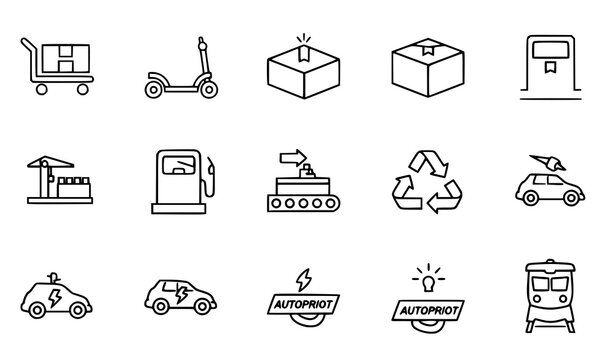 Thin line transport and logistics icon set with cargo trolley electric car train and shipment outline vector collection