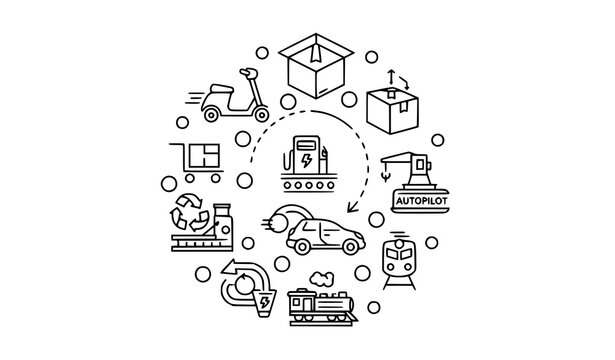 Modern outline transport icons in circular layout with electric car train shipment and logistics symbols vector set