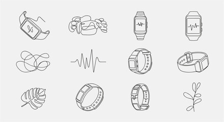 Fototapeta premium Continuous line art collection of smartwatches, fitness trackers, and nature elements