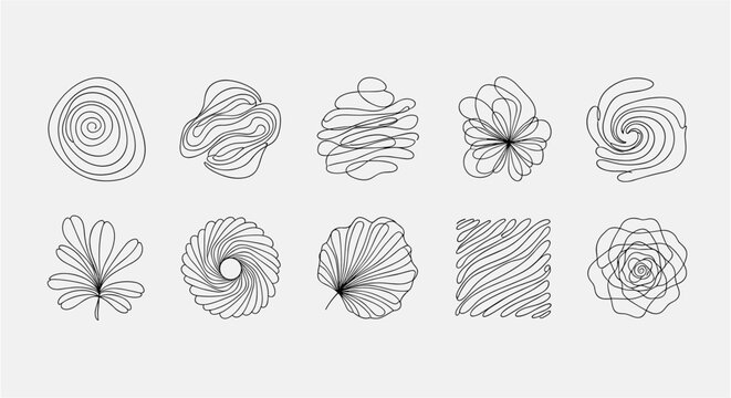 Collection of ten abstract organic shapes and floral elements in continuous line art style