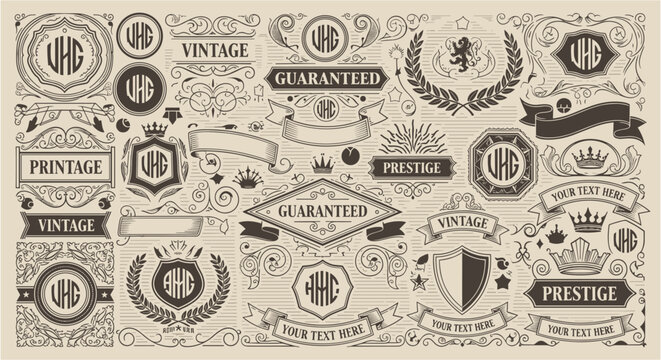 Collection of vintage ornamental design elements and badges with monograms and text placeholders