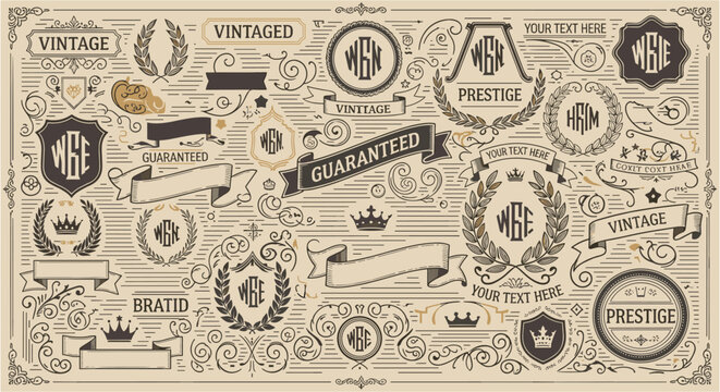 Collection of vintage emblems, badges, and ribbons with monograms and crowns
