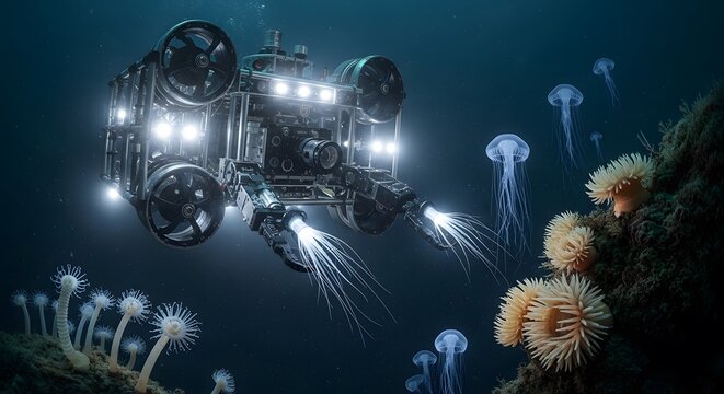 Advanced Submersible Explores Deep Ocean Ecosystem with Jellyfish and Coral.