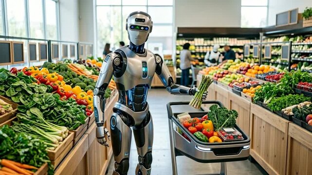Humanoid robot selecting fresh green asparagus while shopping in a bright supermarket produce department