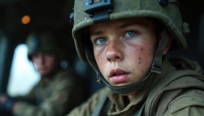 Naklejka premium Young soldier with blue eyes, dirt on face inside military helicopter looks intently ahead. Another soldier blurred in background sits in aircraft. Focused military personnel wears helmet, uniform,