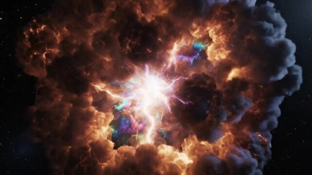 Stellar Clash Results. Dual Stars Meet Catastrophic Event. Celestial Collision Sparks Explosive Cosmic Activity. Pair Of Stars Collide Causing Spectacular Supernova And Nebula Creation