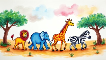 Fototapeta premium Childlike drawing of lion, elephant, giraffe, zebra walking in savanna. Colorful cartoon animals under trees with clouds overhead. Simple art for kids