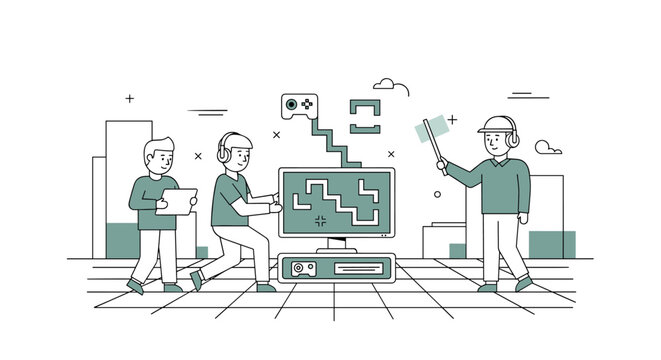 Team of people collaborating on a video game development project with computers and controllers