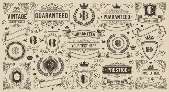 Vintage ornamental emblems, banners, and decorative elements for design