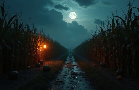 Dark cornfield path at night under full moon. Orange lantern illuminates dry stalks and pumpkins. Eerie spooky atmosphere, wet dirt road beckons.