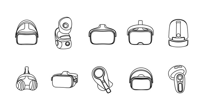 Collection of virtual reality headsets and controllers in a clean line art style
