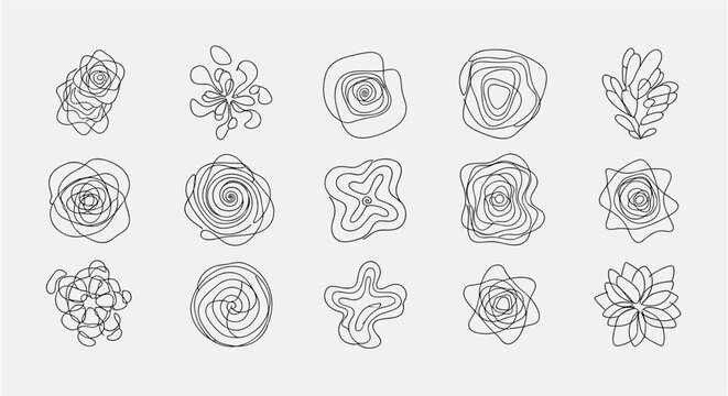 Collection of abstract floral and organic shapes drawn with continuous single line art