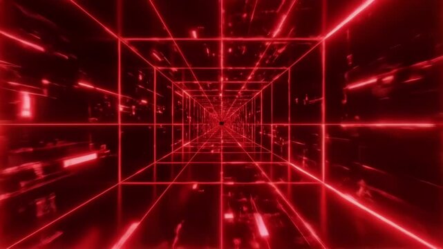 Abstract glowing red neon grid tunnel, creating a futuristic and high tech digital environment