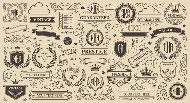 Collection of vintage ornamental elements and emblems for design and branding