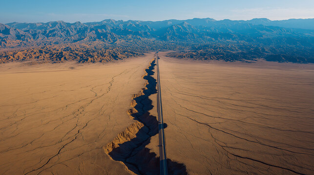 dislocation. Aerial view of a cracked desert highway with severe lateral dislocation. travel magazines, destination branding, designed for outdoor magazines and nature guides.