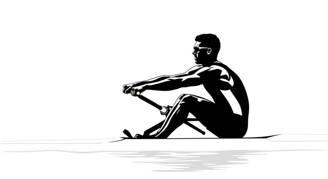 Man rowing on water in black silhouette with oars
