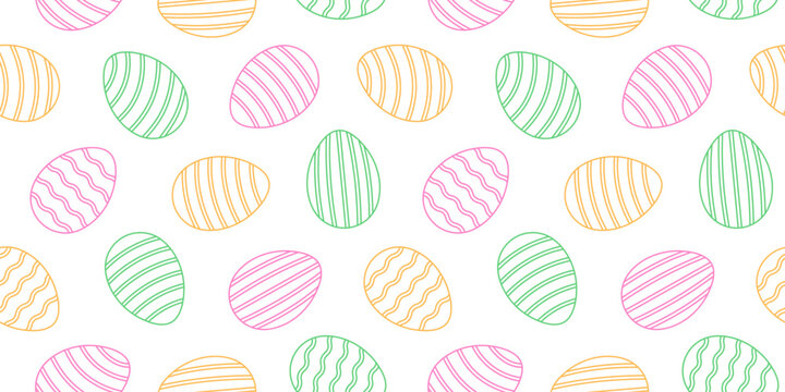Seamless pattern with pastel outline Easter eggs decorated with stripes and waves. Minimal spring holiday background with colorful line art eggs, modern decorative festive illustration. Hand drawn.