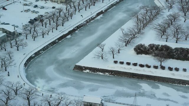 Frozen moat curve in Hakodate Japan. High angle