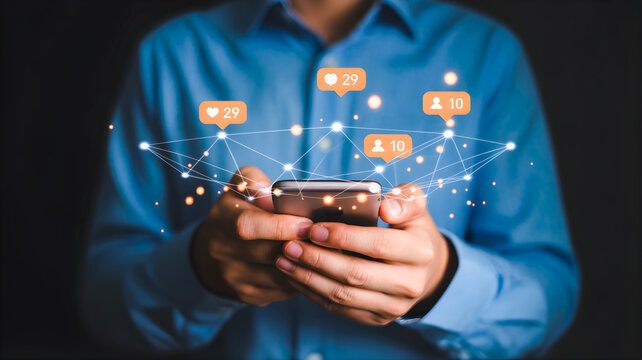 Social media engagement with likes, followers, and comments shown on a smartphone screen, illustrating online interaction