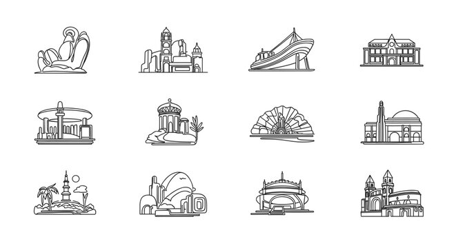 Set of world landmarks line icons with famous buildings and monuments in minimal outline style illustration.