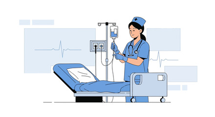 Fototapeta premium Nurse Administering IV Drip in Hospital Room with EKG Monitor