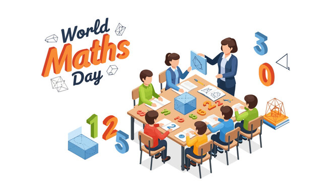 Illustration of students learning mathematics with a teacher in a classroom setting on World Maths Day, with math symbols and equations around them.