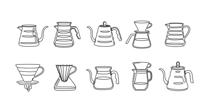 Collection of minimalist line art pour over coffee makers and carafes