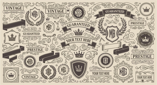 Vintage design elements collection with crowns, ribbons, and monograms for branding