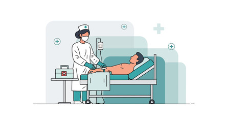 Fototapeta premium Nurse caring for patient in hospital bed with IV drip, medical care concept