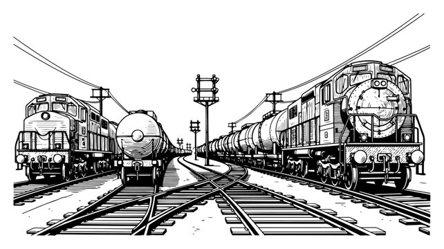 Perspective view of cargo freight trains and locomotives on railway tracks in classic engraving style