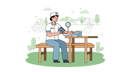 Fototapeta premium Nurse checking blood pressure in rural setting with farm background