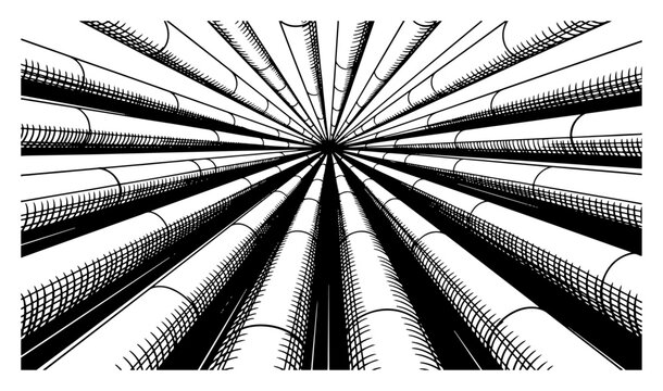Detailed engraving of a tunnel formed by industrial pipes converging at a central point