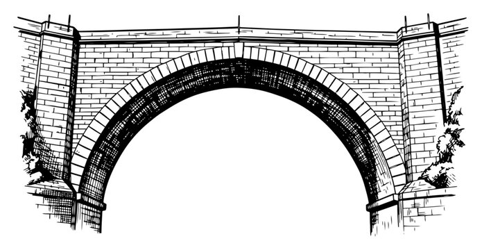 Old stone arch bridge architectural structure in hand drawn woodcut style