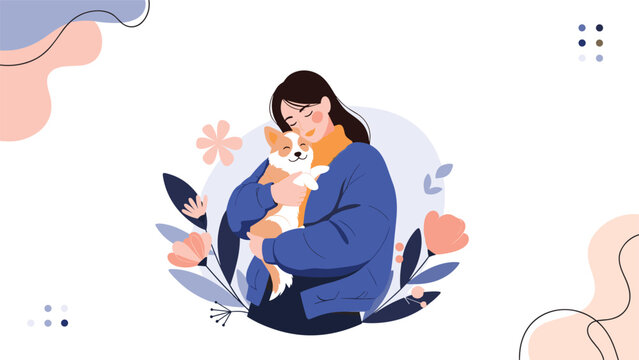 Tender illustration of a young woman hugging her small corgi dog surrounded by delicate flowers representing love and companionship.