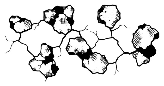 Woodcut style illustration of broken ground with stone fragments and deep cracks