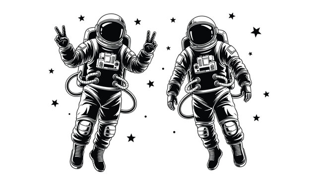 Pair of astronauts in detailed space suits float together among a field of stars in this classic black and white illustration.