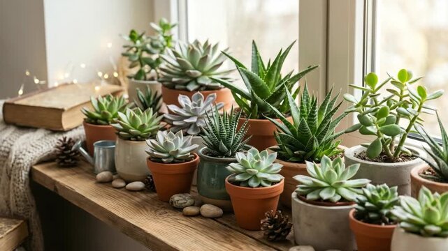 Multiple potted succulent plants on a rustic wooden ledge by a bright window with decorative books and lights