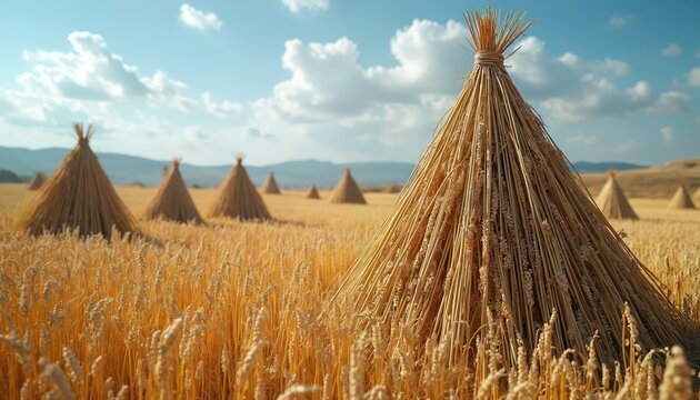 Wheat field with stooks under blue cloudy sky. Golden grain stalks gathered into tall conical shapes in rural landscape. Rural harvest season agriculture backdrop.