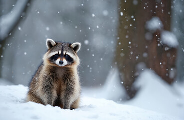 Obraz premium Close up raccoon sits in white snow during snowfall. Furry mammal has black mask around its eyes and bushy tail. Animal looks at camera in cold winter forest environment.