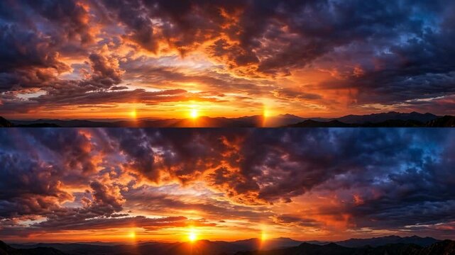 Majestic sunset over mountain silhouettes with vibrant orange clouds and a glowing parhelion sun dog effect