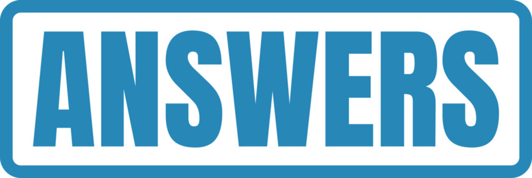 A bold blue rectangular sign with the word answers printed in a clean sans-serif font style Vector, illustration Stamp Icon.