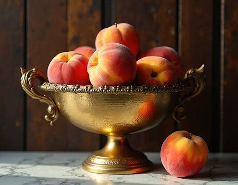 Ripe peaches fill an ornate golden bowl, one sits alone on a marble surface. Warm lighting illuminates the fresh, juicy fruit against a dark wood background, suggesting luxury and natural goodness.