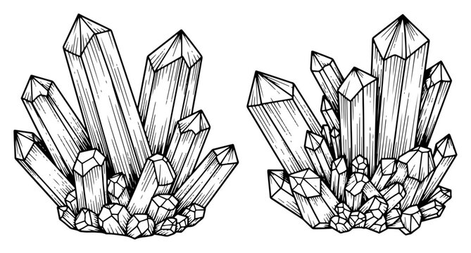 Hand drawn crystal formations or mineral clusters in vintage engraving style