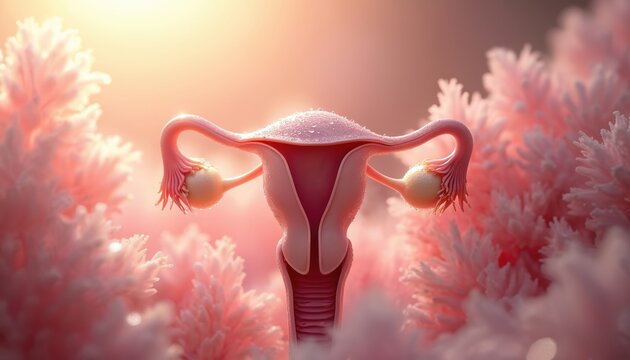 Human female reproductive system anatomy model showing uterus ovaries fallopian tubes. Medical illustration for women health education fertility research.