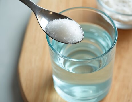 Hand adds salt crystals from spoon into glass of water. Preparing saline solution for gargle or nasal rinse. Home remedy for cold or sore throat.