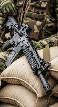 Military firearm resting on sandbags with soldier in camouflage attire