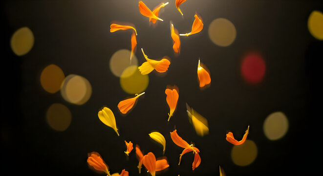 Vibrant marigold petals floating against a dark background with soft golden bokeh light effects illustration