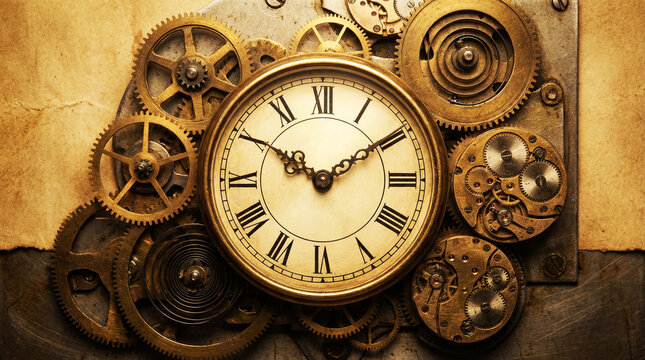 Vintage Mechanical Clock with Gears, Steampunk Time Concept and Antique Watch Mechanism Background